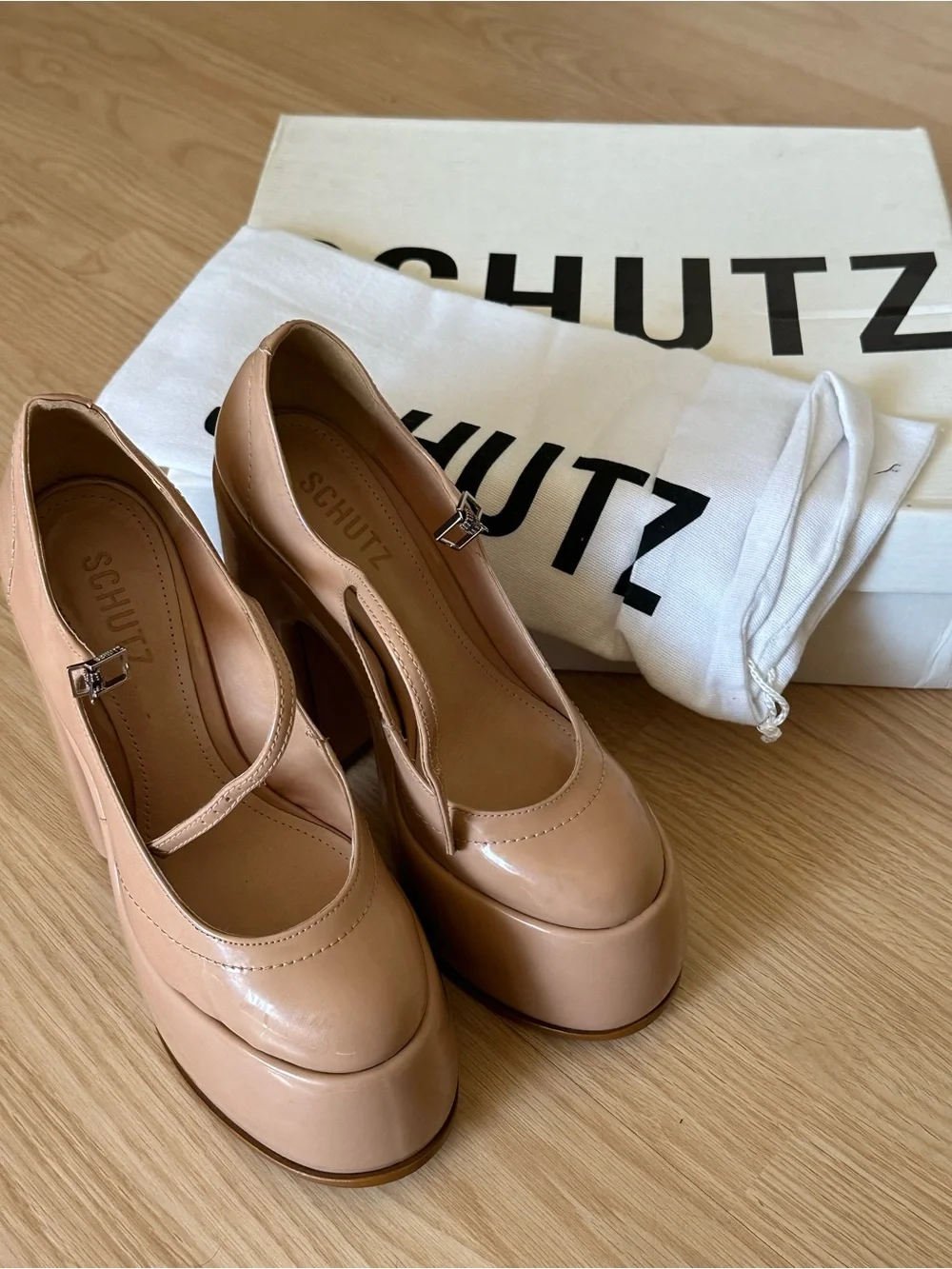 SCHUTZ Zayne Nude Patent Leather Platform Block Heel Pumps – Women’s Size 7